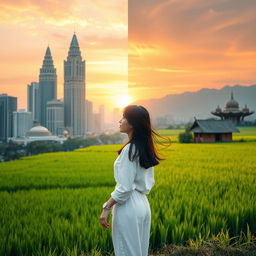 A beautiful scene split into two backgrounds: on the left, the vibrant cityscape of Jakarta filled with towering skyscrapers that soar into the sky, showcasing a blend of modern architecture and urban life