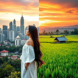 A beautiful scene split into two backgrounds: on the left, the vibrant cityscape of Jakarta filled with towering skyscrapers that soar into the sky, showcasing a blend of modern architecture and urban life