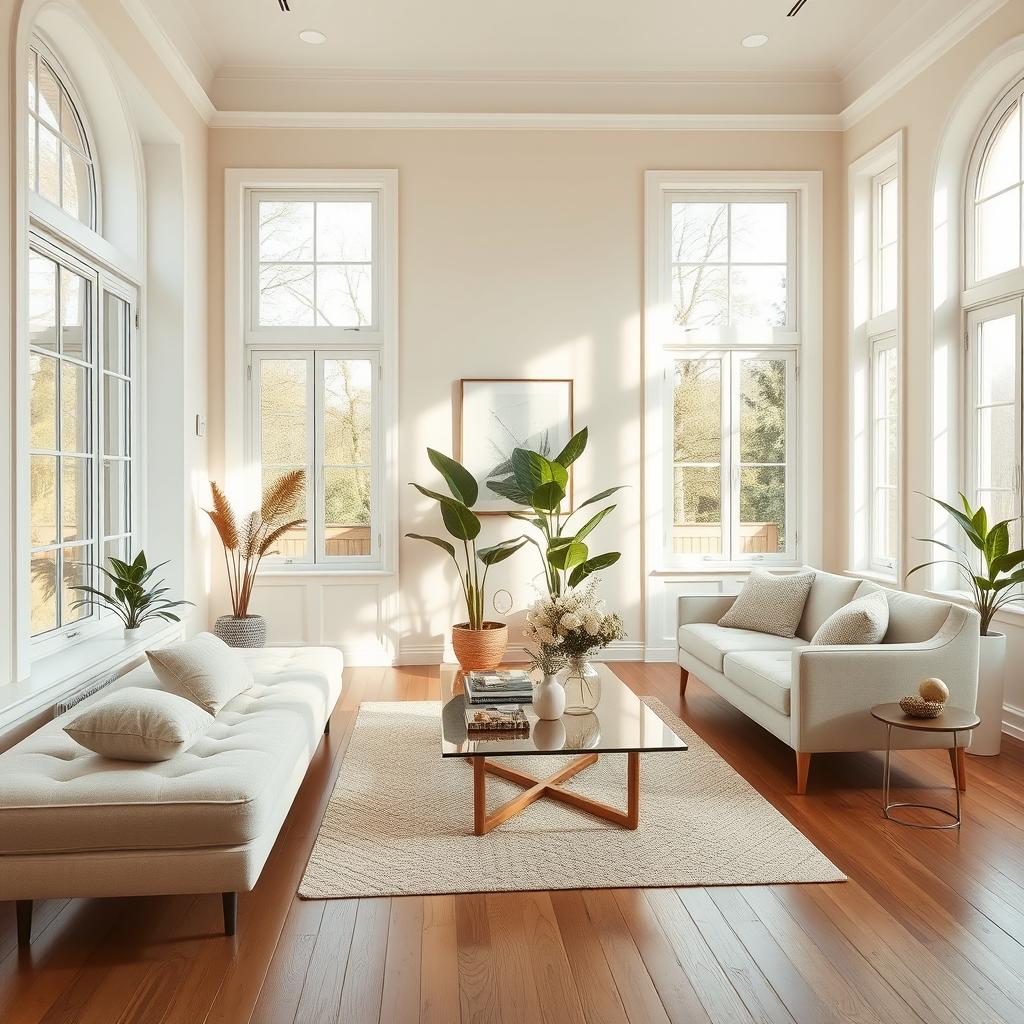 A beautifully designed and airy interior of a light living room, featuring a plush, soft bench next to a stylish, comfortable sofa, both exuding a sense of relaxation