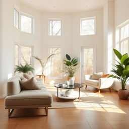 A beautifully designed and airy interior of a light living room, featuring a plush, soft bench next to a stylish, comfortable sofa, both exuding a sense of relaxation