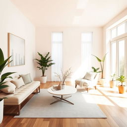 A beautifully designed and airy interior of a light living room, featuring a plush, soft bench next to a stylish, comfortable sofa, both exuding a sense of relaxation