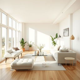 A beautifully designed and airy interior of a light living room, featuring a plush, soft bench next to a stylish, comfortable sofa, both exuding a sense of relaxation