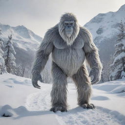 A detailed image of a Yeti with unusually large feet trekking through a winter landscape