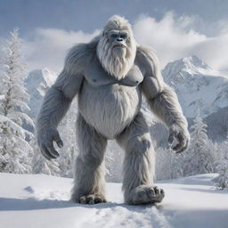 A detailed image of a Yeti with unusually large feet trekking through a winter landscape