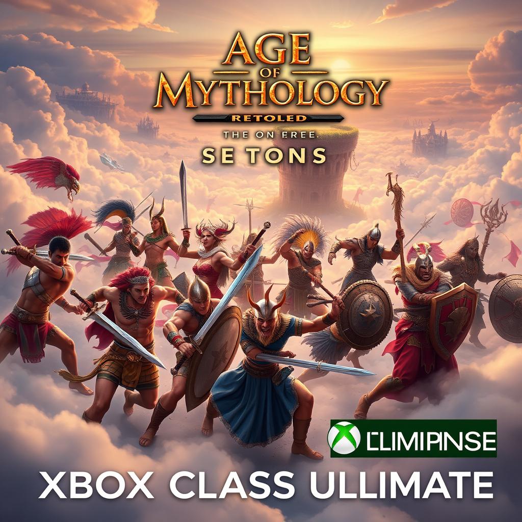 A vibrant and dynamic scene showing a diverse group of ancient warriors engaged in a fierce battle, representing various mythological races and heroes from 'Age of Mythology: Retold'