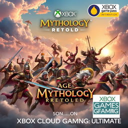 A vibrant and dynamic scene showing a diverse group of ancient warriors engaged in a fierce battle, representing various mythological races and heroes from 'Age of Mythology: Retold'