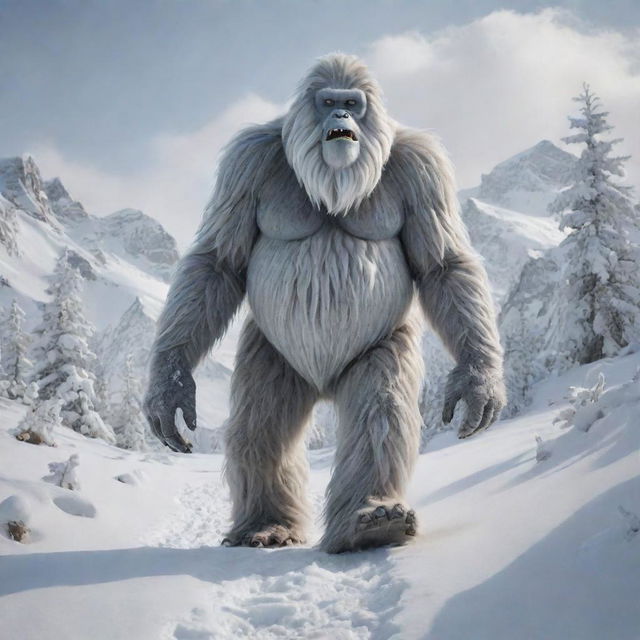 A detailed image of a Yeti with unusually large feet trekking through a winter landscape