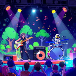 A vibrant illustration of various musicians from different video games playing together on a colorful stage