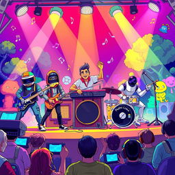 A vibrant illustration of various musicians from different video games playing together on a colorful stage