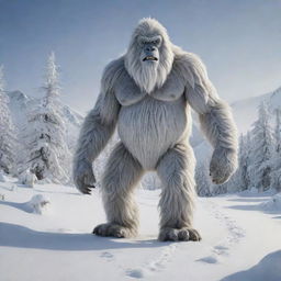 A detailed image of a Yeti with unusually large feet trekking through a winter landscape