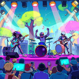 A vibrant illustration of various musicians from different video games playing together on a colorful stage