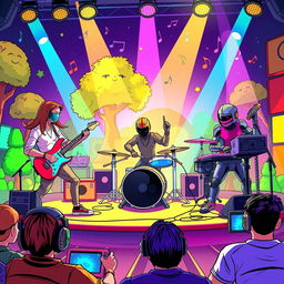 A vibrant illustration of various musicians from different video games playing together on a colorful stage