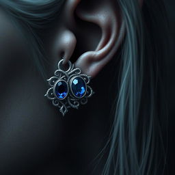 A beautifully detailed close-up of an intricate silver earring adorned with a stunning blue onyx stone, seamlessly weaved into the delicate ear of an elf