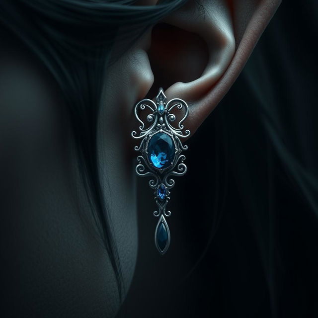 A beautifully detailed close-up of an intricate silver earring adorned with a stunning blue onyx stone, seamlessly weaved into the delicate ear of an elf