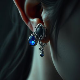 A beautifully detailed close-up of an intricate silver earring adorned with a stunning blue onyx stone, seamlessly weaved into the delicate ear of an elf