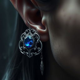 A beautifully detailed close-up of an intricate silver earring adorned with a stunning blue onyx stone, seamlessly weaved into the delicate ear of an elf