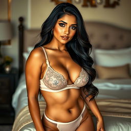 A hot Indian woman in her 30s with a busty, curvy figure, wearing an elegant and stylish bra that highlights her cleavage along with matching panties