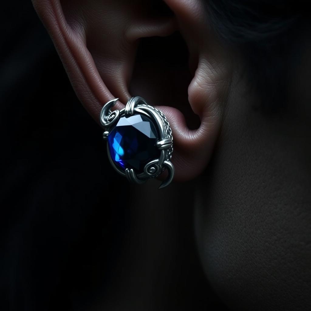 A striking close-up of an intricate masculine silver earring featuring a bold blue onyx stone, artfully woven into the pointed ear of an elf