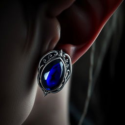 A striking close-up of an intricate masculine silver earring featuring a bold blue onyx stone, artfully woven into the pointed ear of an elf