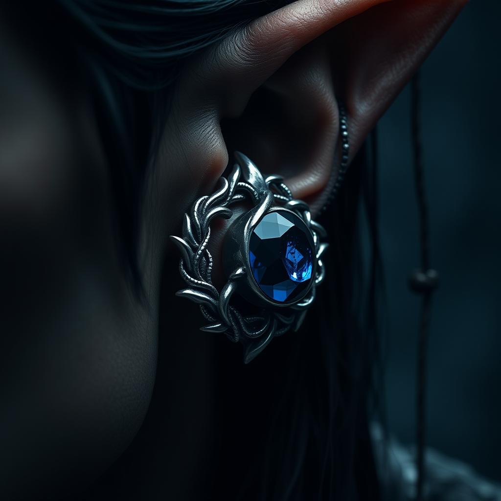 A striking close-up of an intricate masculine silver earring featuring a bold blue onyx stone, artfully woven into the pointed ear of an elf