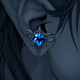 A captivating close-up of an intricate masculine silver earring featuring a vibrant blue onyx stone, artfully woven into the pointed ear of an elf