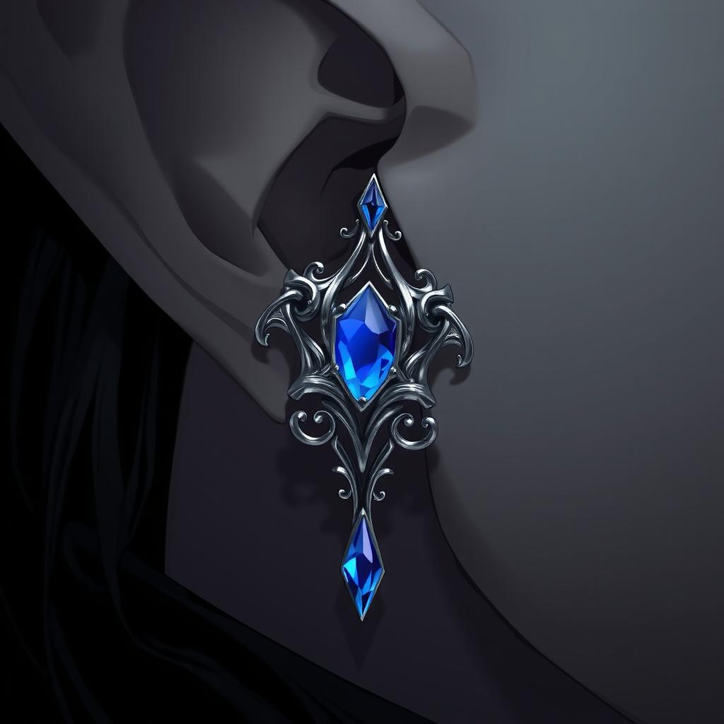 A captivating close-up of an intricate masculine silver earring featuring a vibrant blue onyx stone, artfully woven into the pointed ear of an elf