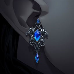 A captivating close-up of an intricate masculine silver earring featuring a vibrant blue onyx stone, artfully woven into the pointed ear of an elf