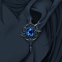 A captivating close-up of an intricate masculine silver earring featuring a vibrant blue onyx stone, artfully woven into the pointed ear of an elf