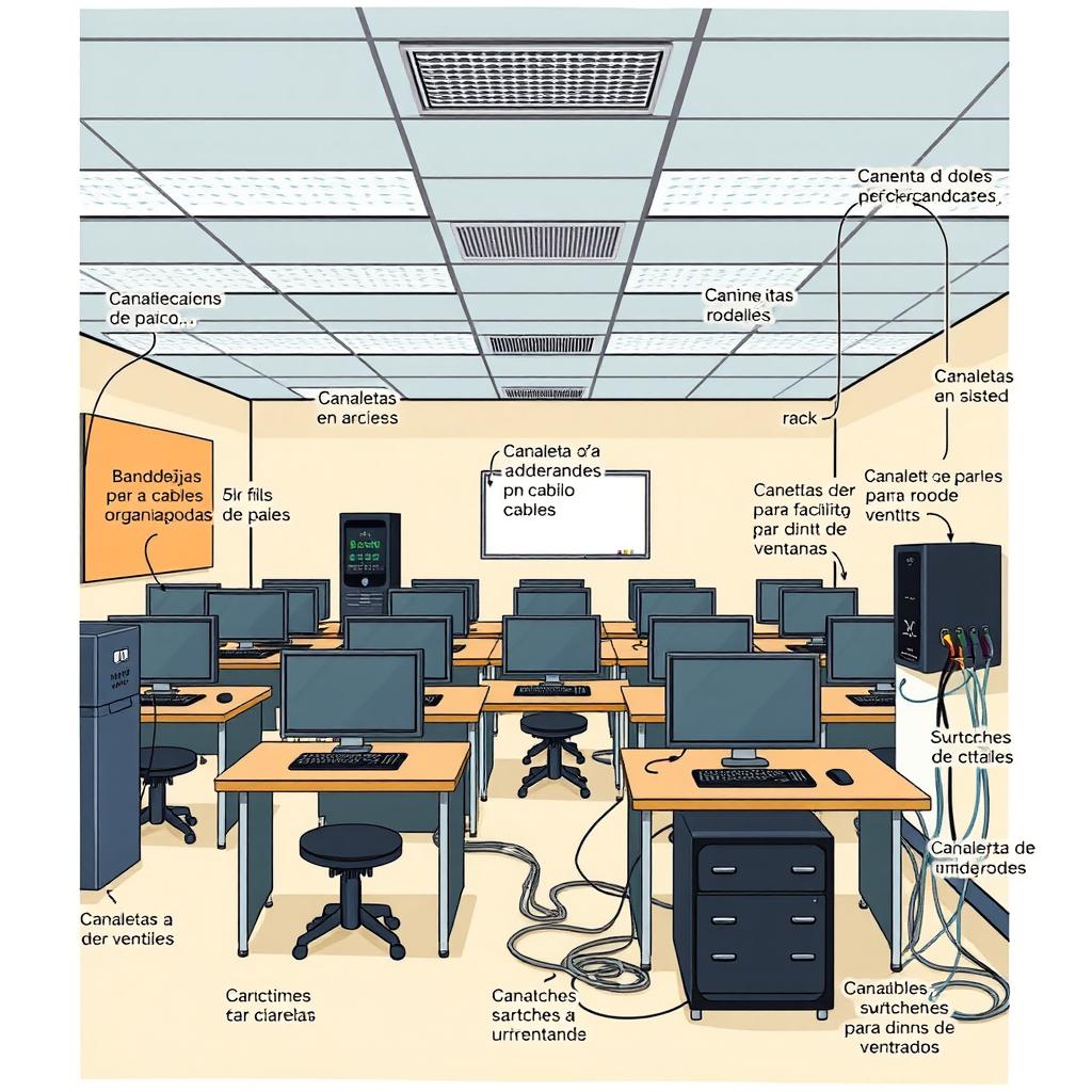 Un dibujo artístico y colorido de una clase de informática, claramente dividida en 5 filas con 5 ordenadores en cada fila