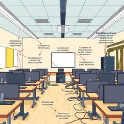 Un dibujo artístico y colorido de una clase de informática, claramente dividida en 5 filas con 5 ordenadores en cada fila