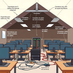 Un dibujo artístico y colorido de una clase de informática, claramente dividida en 5 filas con 5 ordenadores en cada fila