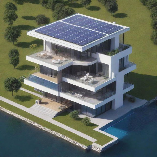 Generate an isometric futuristic home design, complete with sleek, modern architecture, advanced technology, and sustainable energy solutions such as solar panels.