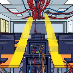 Un dibujo vibrante y detallado de una clase de informática, organizada en 5 filas con 5 ordenadores cada una