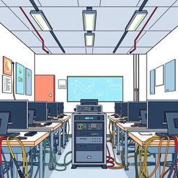 Un dibujo vibrante y detallado de una clase de informática, organizada en 5 filas con 5 ordenadores cada una