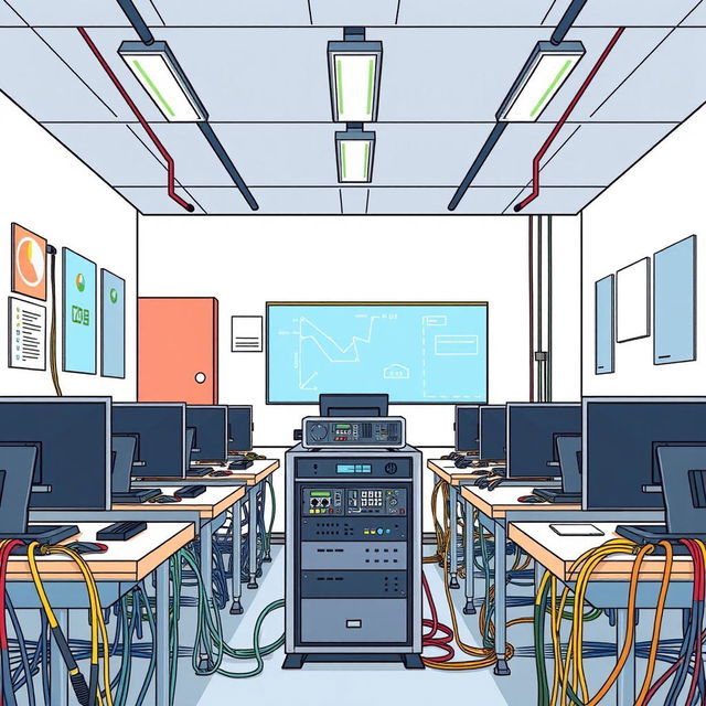 Un dibujo vibrante y detallado de una clase de informática, organizada en 5 filas con 5 ordenadores cada una