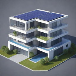 Generate an isometric futuristic home design, complete with sleek, modern architecture, advanced technology, and sustainable energy solutions such as solar panels.