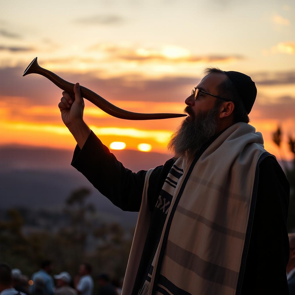 A serene and spiritual scene depicting a Rabbi in a tallit, passionately blowing a shofar, symbolizing the observance of Yom Kippur