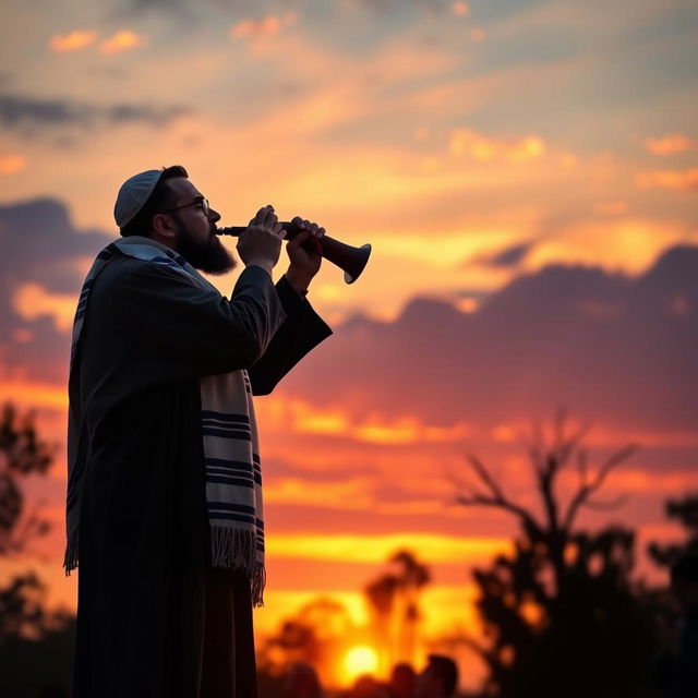 A serene and spiritual scene depicting a Rabbi in a tallit, passionately blowing a shofar, symbolizing the observance of Yom Kippur