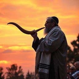 A serene and spiritual scene depicting a Rabbi in a tallit, passionately blowing a shofar, symbolizing the observance of Yom Kippur