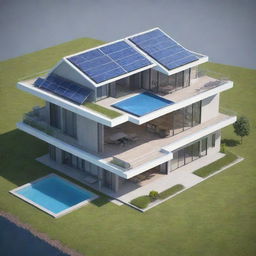 Generate an isometric futuristic home design, complete with sleek, modern architecture, advanced technology, and sustainable energy solutions such as solar panels.