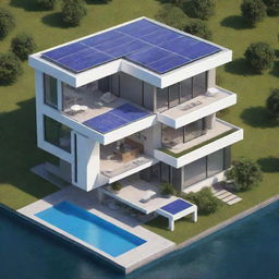 Generate an isometric futuristic home design, complete with sleek, modern architecture, advanced technology, and sustainable energy solutions such as solar panels.