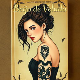 (capa de livro com o titulo 'Beijo de Veludo' com o nome da autora 'Yasmim Ingrid' e com a personagem principal na capa, de cabelos e olhos castanhos, sem tatuagens e com leves sardas