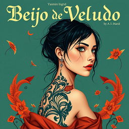 (capa de livro com o titulo 'Beijo de Veludo' com o nome da autora 'Yasmim Ingrid' e com a personagem principal na capa, de cabelos e olhos castanhos, sem tatuagens e com leves sardas