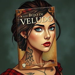 (capa de livro com o titulo 'Beijo de Veludo' com o nome da autora 'Yasmim Ingrid' e com a personagem principal na capa, de cabelos e olhos castanhos, sem tatuagens e com leves sardas