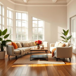 An elegantly designed interior of a light-filled living room, showcasing a plush and comfy bench paired with a stylish sofa, perfect for relaxation