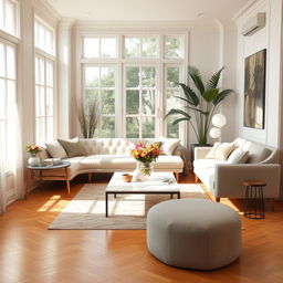 An elegantly designed interior of a light-filled living room, showcasing a plush and comfy bench paired with a stylish sofa, perfect for relaxation