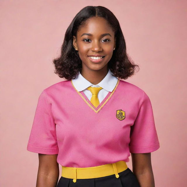 An attractive young black adult confidently wearing a Della Sella school uniform in vibrant yellow and red-pink hues.