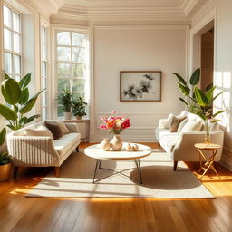 An elegantly designed interior of a light-filled living room, showcasing a plush and comfy bench paired with a stylish sofa, perfect for relaxation