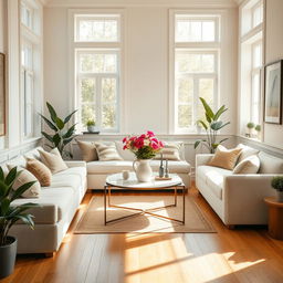 An elegantly designed interior of a light-filled living room, showcasing a plush and comfy bench paired with a stylish sofa, perfect for relaxation