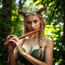 A beautiful faun woman with medium-length blonde hair styled in braids and adorned with small brown horns